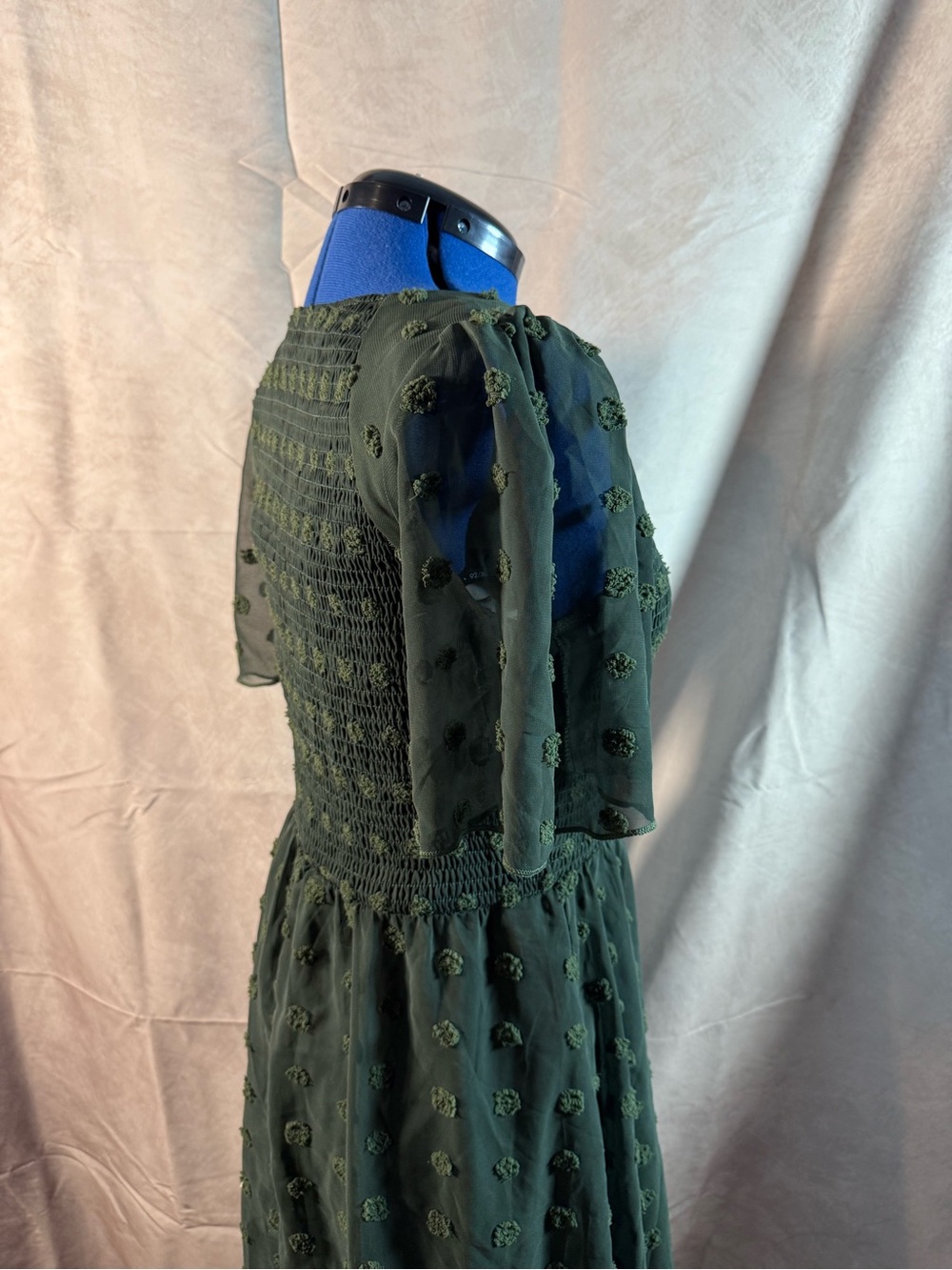22-Smocked V-Neck Midi Dress in Olive Green - Picture 2 of 4